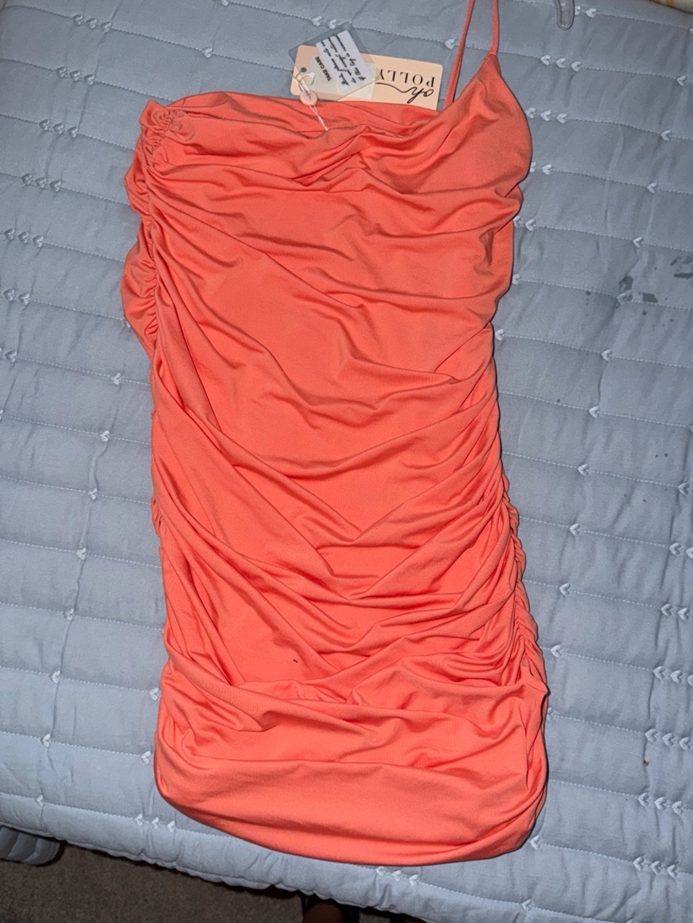 Oh Polly Coral Ruched One Strap Bodycon Dress
